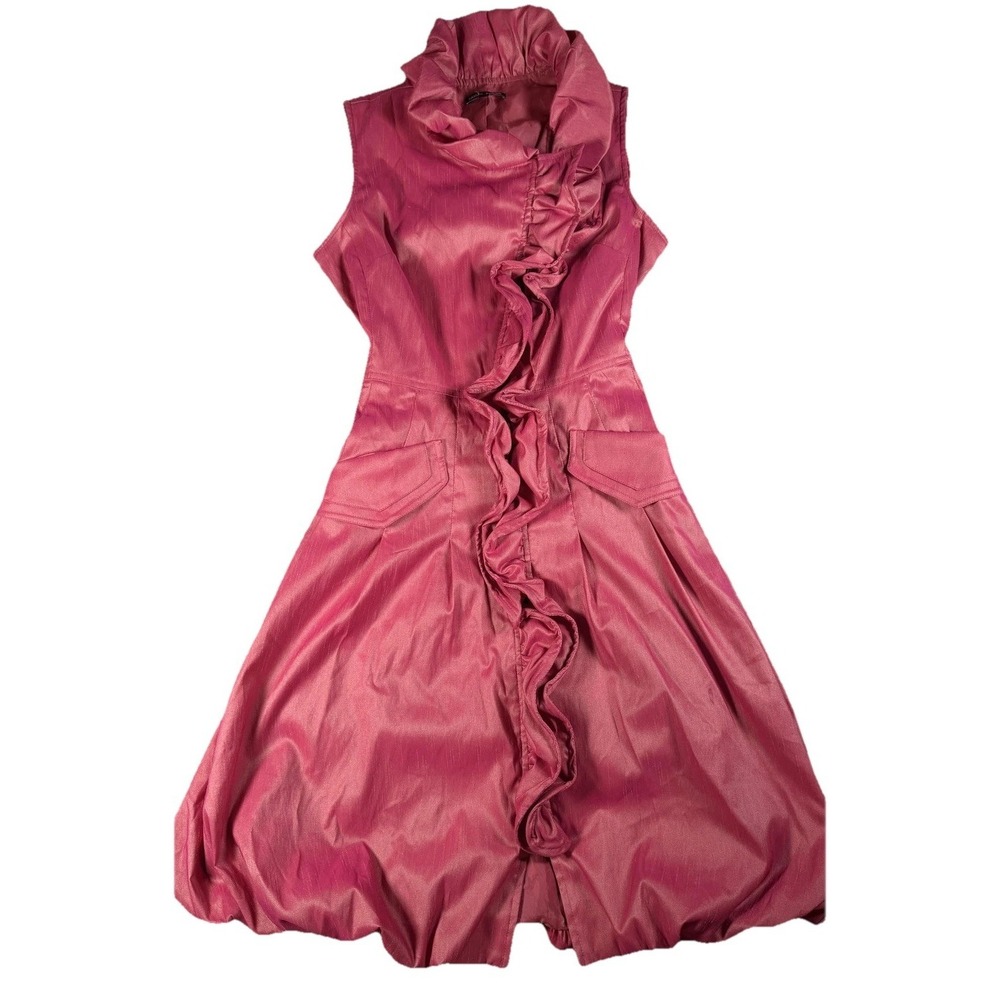 Samuel Dong Dress Womens S Pink Ruffle High Neck Bubble Hem Fit & Flare Party - Picture 1 of 14
